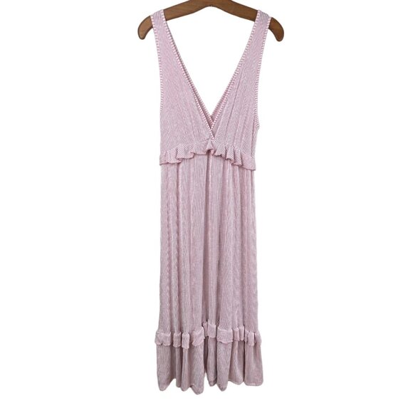 Caution To The Wind Midi Dress Size Large Pink Striped Tiered V-Neck Sleeveless - Picture 2 of 7
